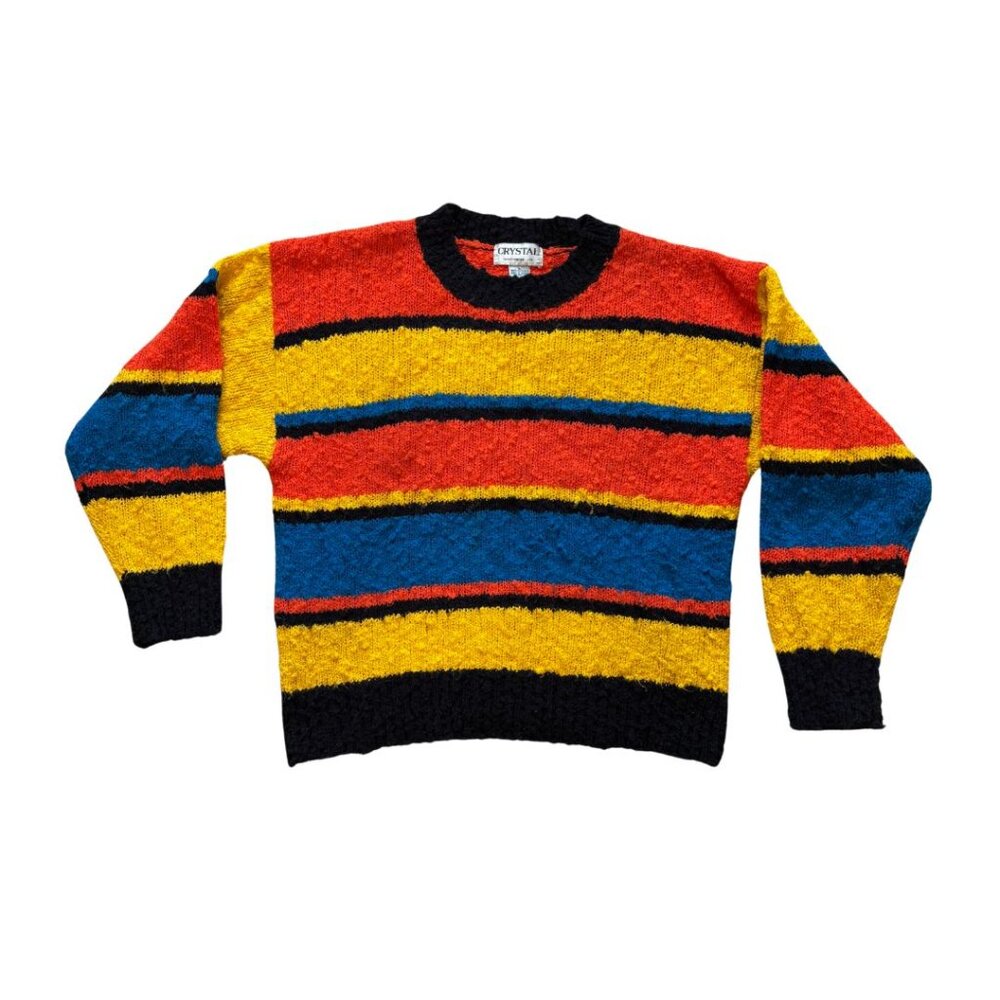 Vintage 80s Crystal Sportswear Striped Sweater L Fuzzy Boucle Knit Bright Colors